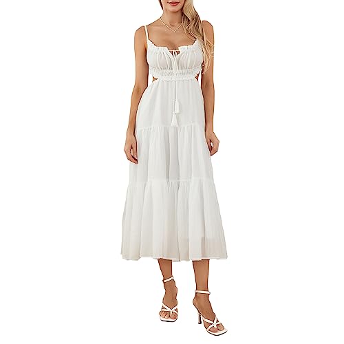 Damen Rückenfreies Swing-Maxi-Kleid Spaghetti-Träger Ausgeschnitten Langes Kleid Sommer Party Cocktail Club Fließende Kleider (C-White, M) von Frobukio