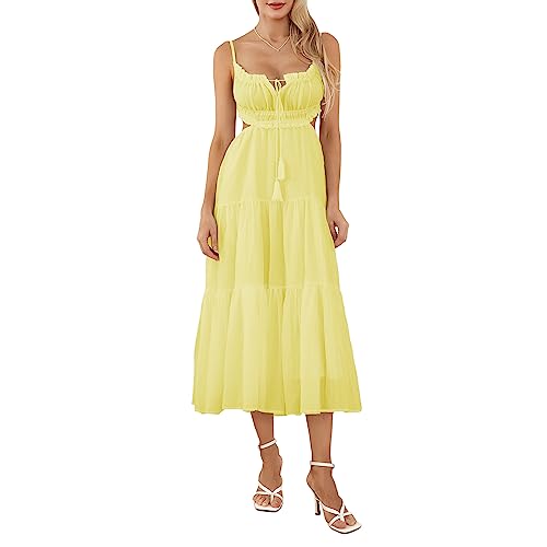 Damen Rückenfreies Swing-Maxi-Kleid Spaghetti-Träger Ausgeschnitten Langes Kleid Sommer Party Cocktail Club Fließende Kleider (C-Yellow, S) von Frobukio