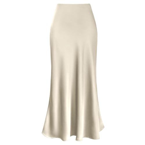 Damen Satin Midirock Seidig Hohe Taille Fließend Eine Linie Ausgestellte Röcke Elegant Cocktail Nacht Aus Party Plissiert Langer Rock (Apricot, M) von Frobukio