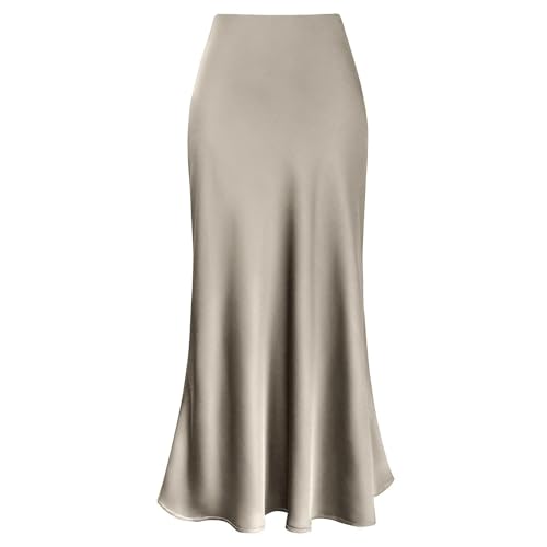 Damen Satin Midirock Seidig Hohe Taille Fließend Eine Linie Ausgestellte Röcke Elegant Cocktail Nacht Aus Party Plissiert Langer Rock (Champagne, L) von Frobukio