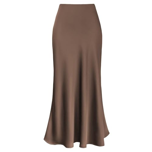 Damen Satin Midirock Seidig Hohe Taille Fließend Eine Linie Ausgestellte Röcke Elegant Cocktail Nacht Aus Party Plissiert Langer Rock (Coffee, S) von Frobukio