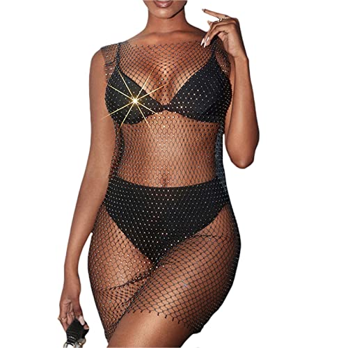 Damen Sexy Strass Hollow Out Mesh Kleid Bikini Badeanzüge Ärmellos Cover Up Strandkleid Fischnetz durchsichtiges Kleid für Frauen Mädchen Strand Pool Clubwear, Black Ab, L von Frobukio