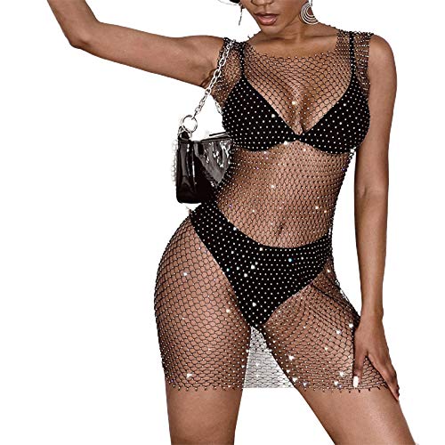 Damen Sexy Strass Hollow Out Mesh Kleid Bikini Badeanzüge Ärmellos Cover Up Strandkleid Fischnetz durchsichtiges Kleid für Frauen Mädchen Strand Pool Clubwear, Schwarz , XS von Frobukio