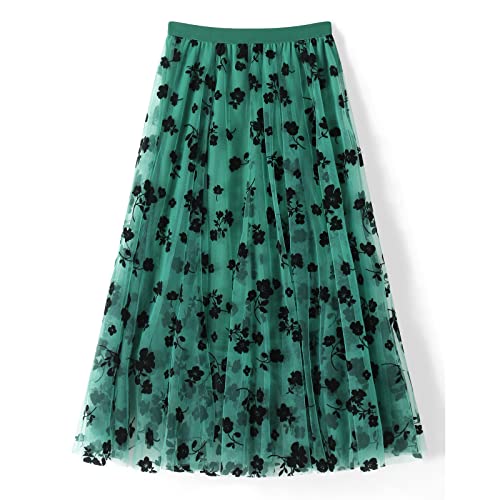 Damen Tüll Midi Röcke 3D Floral Pailletten Gradient elastisch hohe Taille A-Linie plissiert Tutu Rock lässig Geschichteten Mesh-Rock (Flocked Floral Green, M) von Frobukio