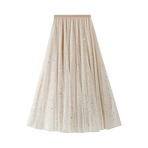 Damen Tüll Midi Röcke 3D Floral Pailletten Gradient elastisch hohe Taille A-Linie plissiert Tutu Rock lässig Geschichteten Mesh-Rock (Sequin Apricot, One Size) von Frobukio