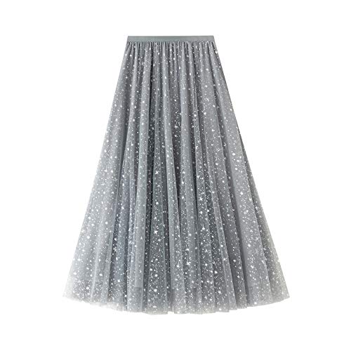 Damen Tüll Midi Röcke 3D Floral Pailletten Gradient elastisch hohe Taille A-Linie plissiert Tutu Rock lässig Geschichteten Mesh-Rock (Sequin Grey, One Size) von Frobukio