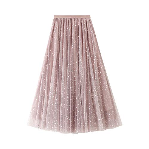 Damen Tüll Midi Röcke 3D Floral Pailletten Gradient elastisch hohe Taille A-Linie plissiert Tutu Rock lässig Geschichteten Mesh-Rock (Sequin Pink, One Size) von Frobukio