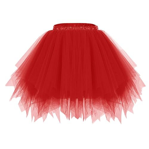 Damen Tüll Tutu Rock Vintage Puffy Layered Petticoat Ballett Bubble Röcke 50s Rockabilly Karneval Party Tanz Minirock Unterrock (Red, S) von Frobukio