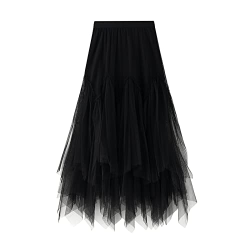 Damen Tüllrock Asymmetrisch Plissiert Elastisch Hohe Taille Geschichtet Tutu Rock Casual Cocktail Party A-Linie Mesh Midi Rock (Fluffy Black, One Size) von Frobukio