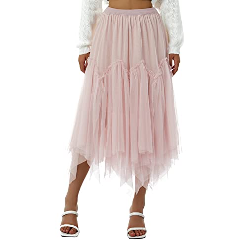 Damen Tüllrock Asymmetrisch Plissiert Elastisch Hohe Taille Geschichtet Tutu Rock Casual Cocktail Party A-Linie Mesh Midi Rock (Fluffy Pink, One Size) von Frobukio