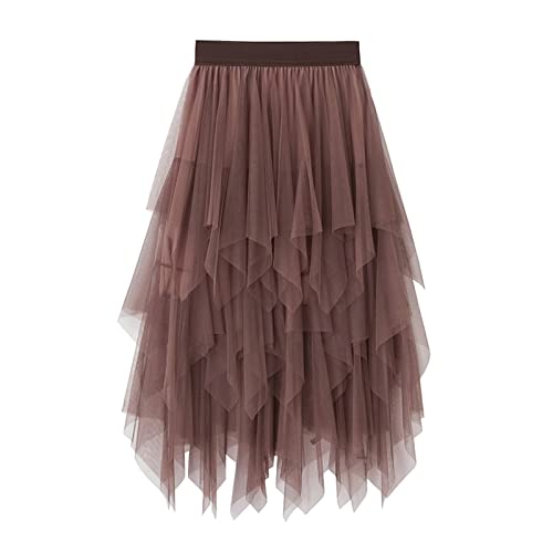 Damen Tüllrock Asymmetrisch Plissiert Elastisch Hohe Taille Geschichtet Tutu Rock Casual Cocktail Party A-Linie Mesh Midi Rock (Irregular Brown, One Size) von Frobukio