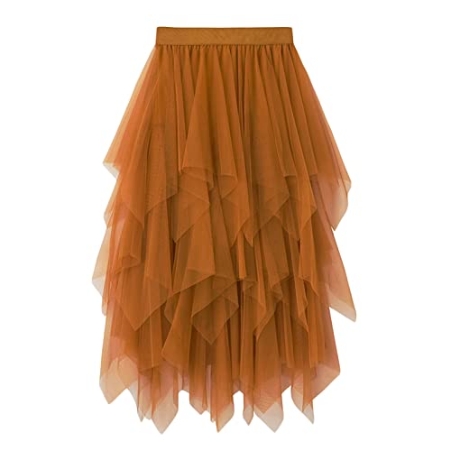 Damen Tüllrock Asymmetrisch Plissiert Elastisch Hohe Taille Geschichtet Tutu Rock Casual Cocktail Party A-Linie Mesh Midi Rock (Irregular Khaki, One Size) von Frobukio