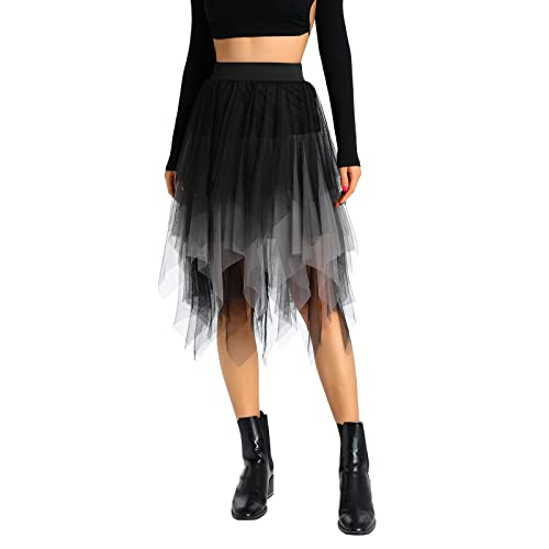 Damen Tüllrock Asymmetrisch Plissiert Elastisch Hohe Taille Geschichtet Tutu Rock Casual Cocktail Party A-Linie Mesh Midi Rock (Patchwork Black Gray, One Size) von Frobukio