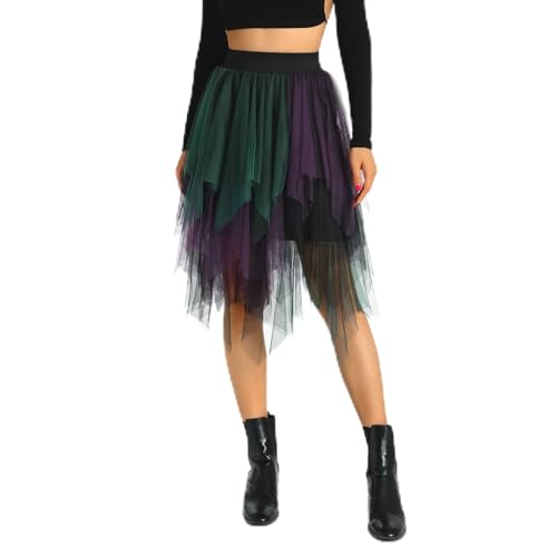 Damen Tüllrock Asymmetrisch Plissiert Elastisch Hohe Taille Geschichtet Tutu Rock Casual Cocktail Party A-Linie Mesh Midi Rock (Patchwork Purple Green, One Size) von Frobukio