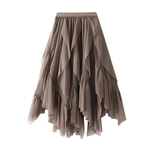 Damen Tüllrock Asymmetrisch Plissiert Elastisch Hohe Taille Geschichtet Tutu Rock Casual Cocktail Party A-Linie Mesh Midi Rock (Pleated Khaki, One Size) von Frobukio