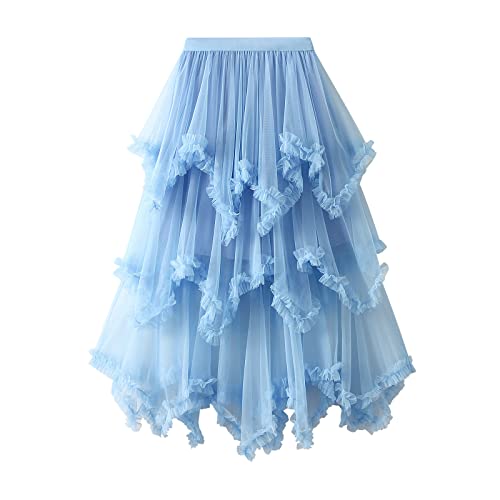 Damen Tüllrock Asymmetrisch Plissiert Elastisch Hohe Taille Geschichtet Tutu Rock Casual Cocktail Party A-Linie Mesh Midi Rock (Ruffle Blue, One Size) von Frobukio