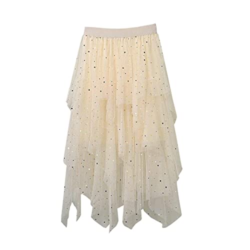 Damen Tüllrock Asymmetrisch Plissiert Elastisch Hohe Taille Geschichtet Tutu Rock Casual Cocktail Party A-Linie Mesh Midi Rock (Sequin Apricot, One Size) von Frobukio