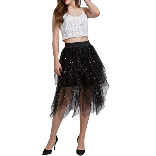 Damen Tüllrock Asymmetrisch Plissiert Elastisch Hohe Taille Geschichtet Tutu Rock Casual Cocktail Party A-Linie Mesh Midi Rock (Sequin Black, One Size) von Frobukio