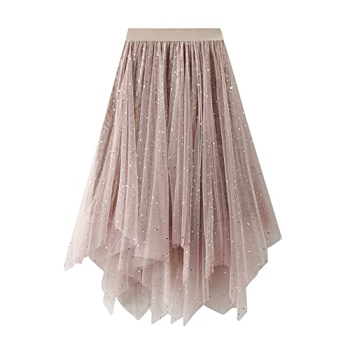 Damen Tüllrock Asymmetrisch Plissiert Elastisch Hohe Taille Geschichtet Tutu Rock Casual Cocktail Party A-Linie Mesh Midi Rock (Star Apricot, One Size) von Frobukio