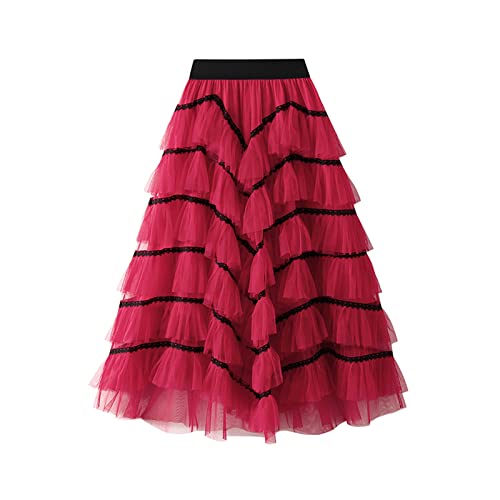 Damen Tutu Mesh Rock Plissiert Elastische Taille Geschichtet A-Linie Tüll Midi Rock Rüsche Swing Tiered Petticoat Rock (Striped Red, One Size) von Frobukio