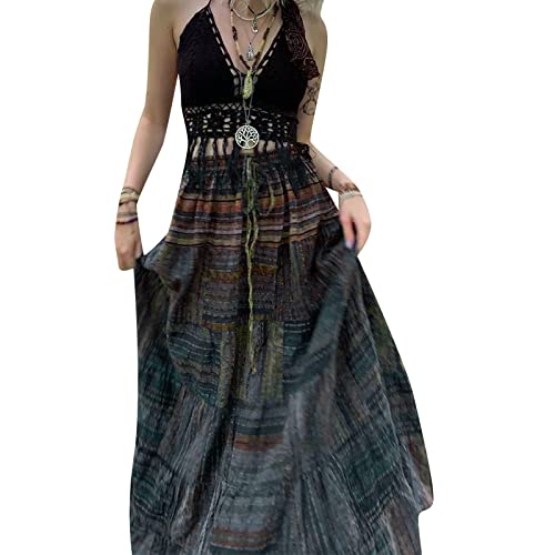 Fairycore Grunge Midirock Y2K Vintage Blumendruck Elastisch Hohe Taille Rüschensaum A Linie Swing Lange Boho Rock Fee Grunge Kleidung, coffee, 36 von Frobukio