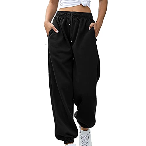 Frobukio Damen Lässige Jogginghose Kordelzug Elastische Taille Sweatpants mit Taschen Athletisches Training Laufende Baggy-Hose (Solid Black, S) von Frobukio