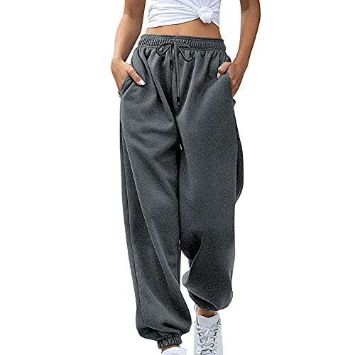 Frobukio Damen Lässige Jogginghose Kordelzug Elastische Taille Sweatpants mit Taschen Athletisches Training Laufende Baggy-Hose (Solid Dark Gray, S) von Frobukio