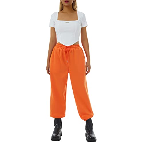 Frobukio Damen Lässige Jogginghose Kordelzug Elastische Taille Sweatpants mit Taschen Athletisches Training Laufende Baggy-Hose (Solid Orange, L) von Frobukio