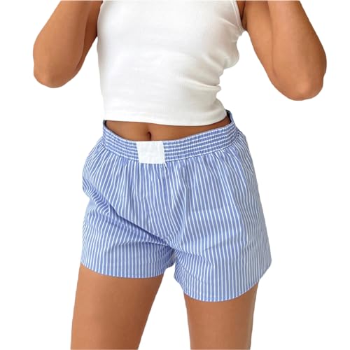 Frobukio Damen Pyjama Shorts Gestreift Elastisch Niedrige Taille Schlafhosen Hosen Bequem Weich Ausgehen Weites Bein Shorts Schlafbekleidung Streetwear (Blue, M) von Frobukio