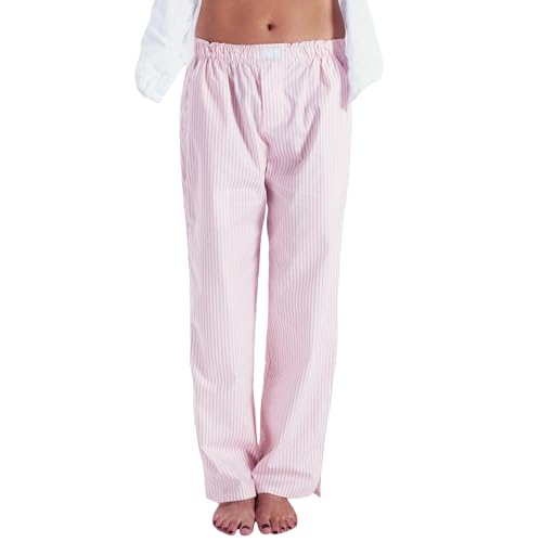 Frobukio Damen Pyjamahose Gestreift Elastische Taille Weites Bein Lounge Hose mit Taschen Bequeme Weiche Schlafanzughose Unten Streetwear (Pink, L) von Frobukio