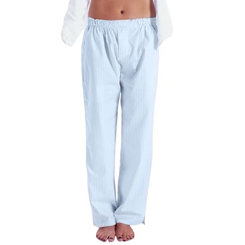 Frobukio Damen Pyjamahose Gestreift Elastische Taille Weites Bein Lounge Hose mit Taschen Bequeme Weiche Schlafanzughose Unten Streetwear (Sky Blue, M) von Frobukio