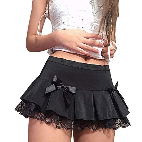 Frobukio Damen Schnürung Mini Faltenröcke Harajuku Gothic Rock Hohe Taille Punk Rock Hohe Taille Rüschen A-Linie Kurzer Rock, 05 # Bow Black, 44 von Frobukio