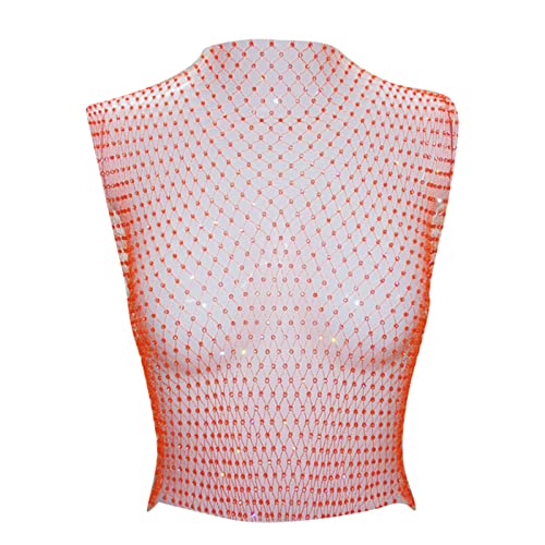 Frobukio Sexy Damen-Tank-Tops, Diamant-Netz, Glitzer, Strass, hohl, durchsichtig, Hemden, glänzendes Fischnetz, bauchfreies Top für Festival, Club, Rave-Outfit, Fluoreszierendes Orange, M von Frobukio