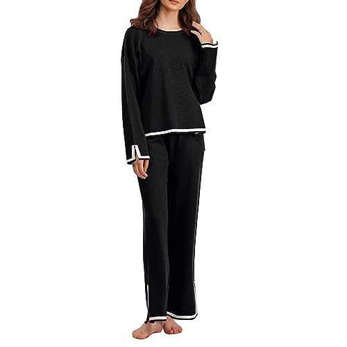 Frobukio Damen Strick 2 Stück Trendy Outfits Langärmeliger Pullover Pullover Tops Hose mit hoher Taille und weitem Bein Set Lounge Lose Trainingsanzug (Black, M) von Frobukio