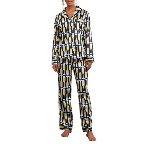 Frobukio Damen gestreift Satin Pyjamas Set Seide Langarm Knopf unten Reverskragen Hemd Hose Loungewear 2 Stück Pyjamas Schlafanzug (Black Cup, XL) von Frobukio