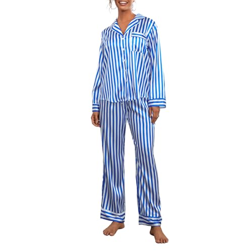 Frobukio Damen gestreift Satin Pyjamas Set Seide Langarm Knopf unten Reverskragen Hemd Hose Loungewear 2 Stück Pyjamas Schlafanzug (Blue Stripes, S) von Frobukio