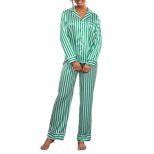 Frobukio Damen gestreift Satin Pyjamas Set Seide Langarm Knopf unten Reverskragen Hemd Hose Loungewear 2 Stück Pyjamas Schlafanzug (Green Stripes, S) von Frobukio