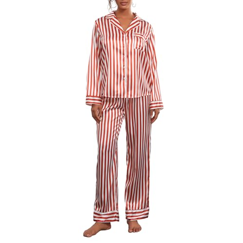 Frobukio Damen gestreift Satin Pyjamas Set Seide Langarm Knopf unten Reverskragen Hemd Hose Loungewear 2 Stück Pyjamas Schlafanzug (Red Stripes, S) von Frobukio
