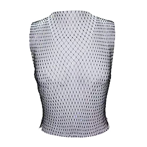 Frobukio Sexy Damen-Tank-Tops, Diamant-Netz, Glitzer, Strass, hohl, durchsichtig, Hemden, glänzendes Fischnetz, bauchfreies Top für Festival, Club, Rave-Outfit, Schwarz , Large von Frobukio