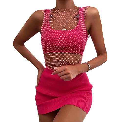 Frobukio Frauen Sexy Diamant Mesh Tank Tops Glitzer Strass Aushöhlen Durchsichtige Shirts Glänzende Fischnetz Crop Tops für Festival Club Rave Outfit, rosarot, Large von Frobukio