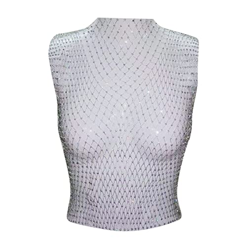 Frobukio Frauen Sexy Diamant Mesh Tank Tops Glitzer Strass Aushöhlen Durchsichtige Shirts Glänzende Fischnetz Crop Tops für Festival Club Rave Outfit, silber, Small von Frobukio