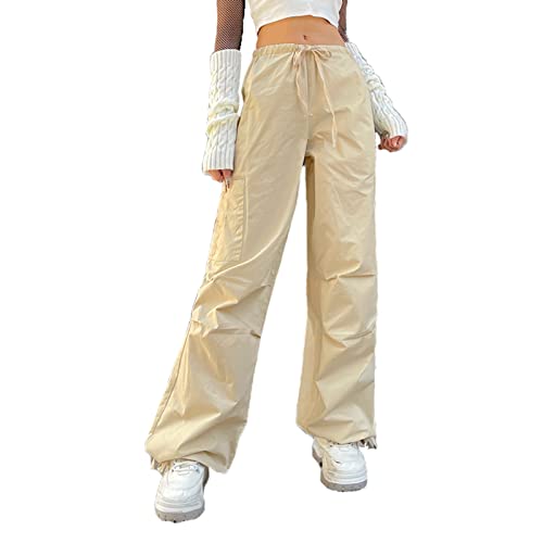 Frobukio Y2k Cargohose mit niedriger Taille für Frauen mit weitem Bein Baggy Jeans Harajuku Streetwear Punk Indie ästhetische 90er Jahre Denim Hose Grunge Vintage Hipster Teen Pants, beige, S von Frobukio