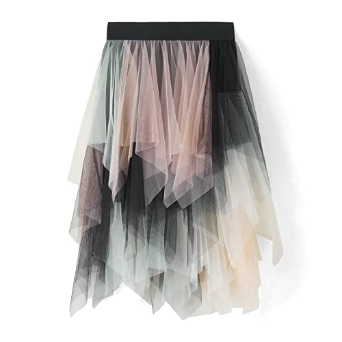 Tüllrock für Damen asymmetrisch plissiert Tutu Midi Rock Casual Cocktail Party Strand elastische Taille Mesh Geschichteten Röcke (Pink Apricot Black, One Size) von Frobukio