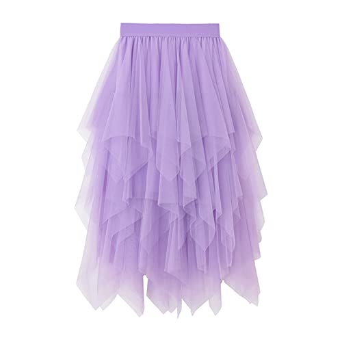 Tüllrock für Damen asymmetrisch plissiert Tutu Midi Rock Casual Cocktail Party Strand elastische Taille Mesh Geschichteten Röcke (Purple, One Size) von Frobukio