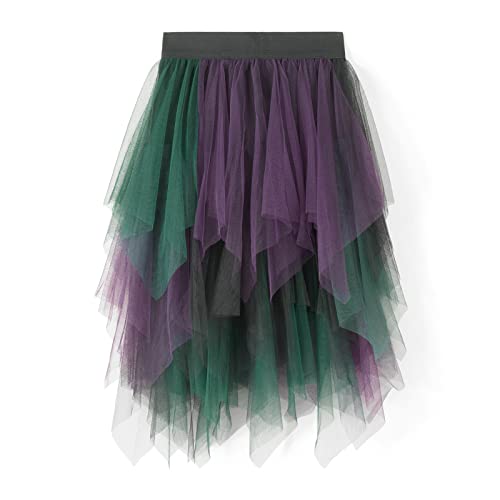 Tüllrock für Damen asymmetrisch plissiert Tutu Midi Rock Casual Cocktail Party Strand elastische Taille Mesh Geschichteten Röcke (Purple Green Black, One Size) von Frobukio