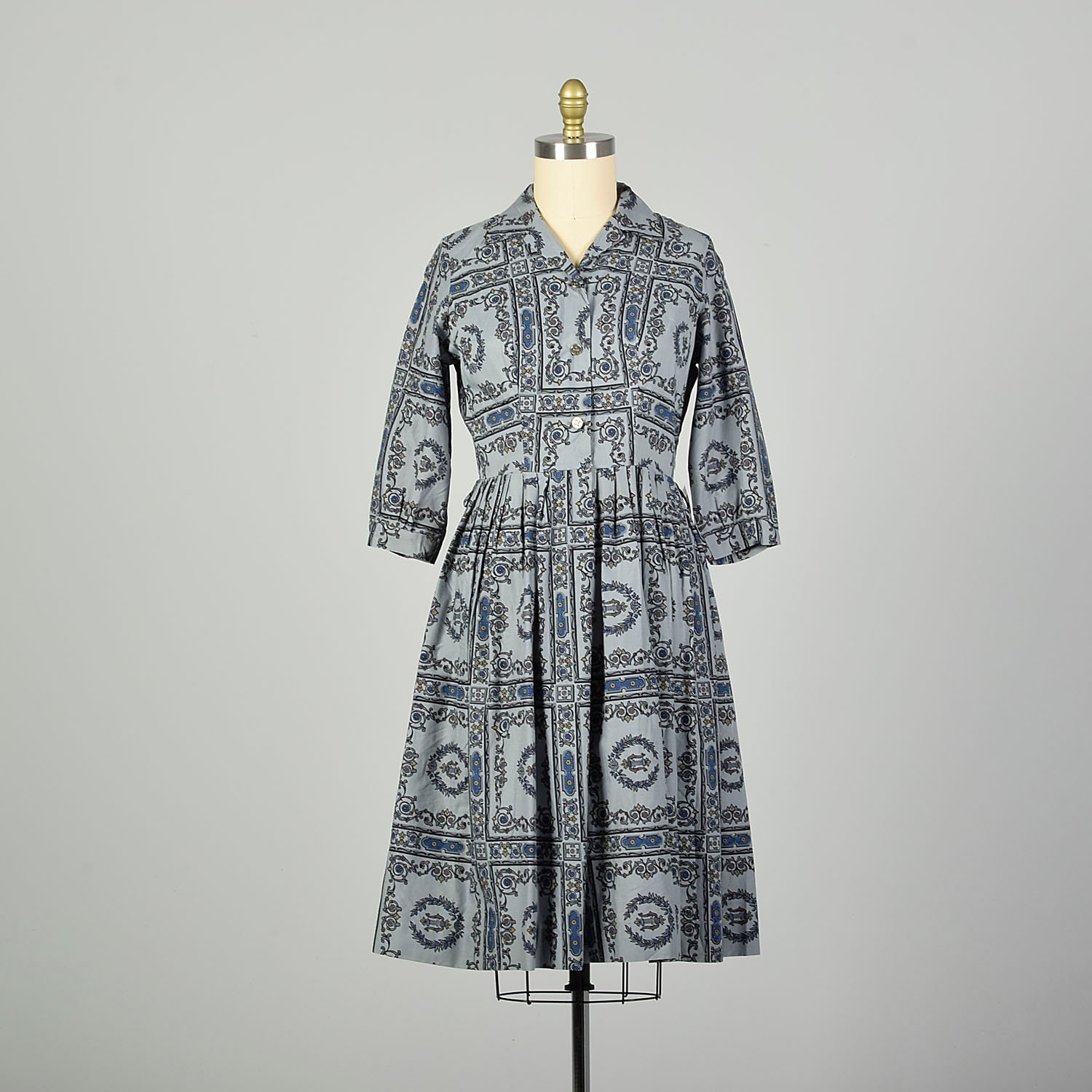 Großes 50Er Jahre Tag Kleid Grau Novelty Print Baumwolle Leicht Sommer von FrockittoMe