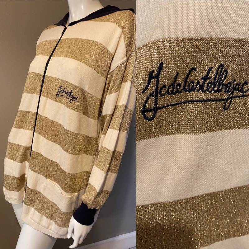 Jc De Castelbajac Gold Lurex Gestreift Oversized Baumwolle Strick Hoody Cardigan Signiert Logo Zip Vorne Large Size 42 von FrocksmithVintage