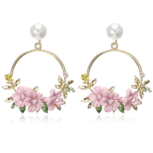 Blumen-Creolen für Mädchen, Blume, Strass, Kreis, Tropfenohrringe, rosafarbene Rosen, hohle Ohrringe, Perlen, Blumenohrring, Schmuck, Geschenk für Frauen, Metall, andere, Metall, Autre von Frodete