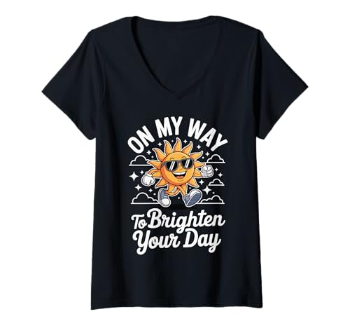 Damen On My Way to Brighten Your Day T-Shirt mit V-Ausschnitt Damen On My Way to Brighten Your Day T-Shirt mit V-Ausschnitt von Fröhlich Morgenmensch Optimist Sonnenstrahl