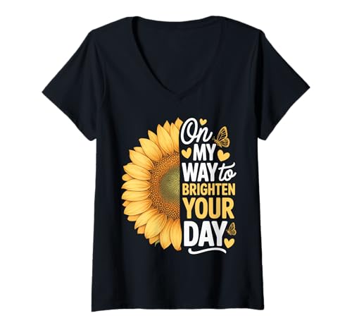 Damen On My Way to Brighten Your Day T-Shirt mit V-Ausschnitt Damen On My Way to Brighten Your Day T-Shirt mit V-Ausschnitt von Fröhlich Morgenmensch Optimist Sonnenstrahl